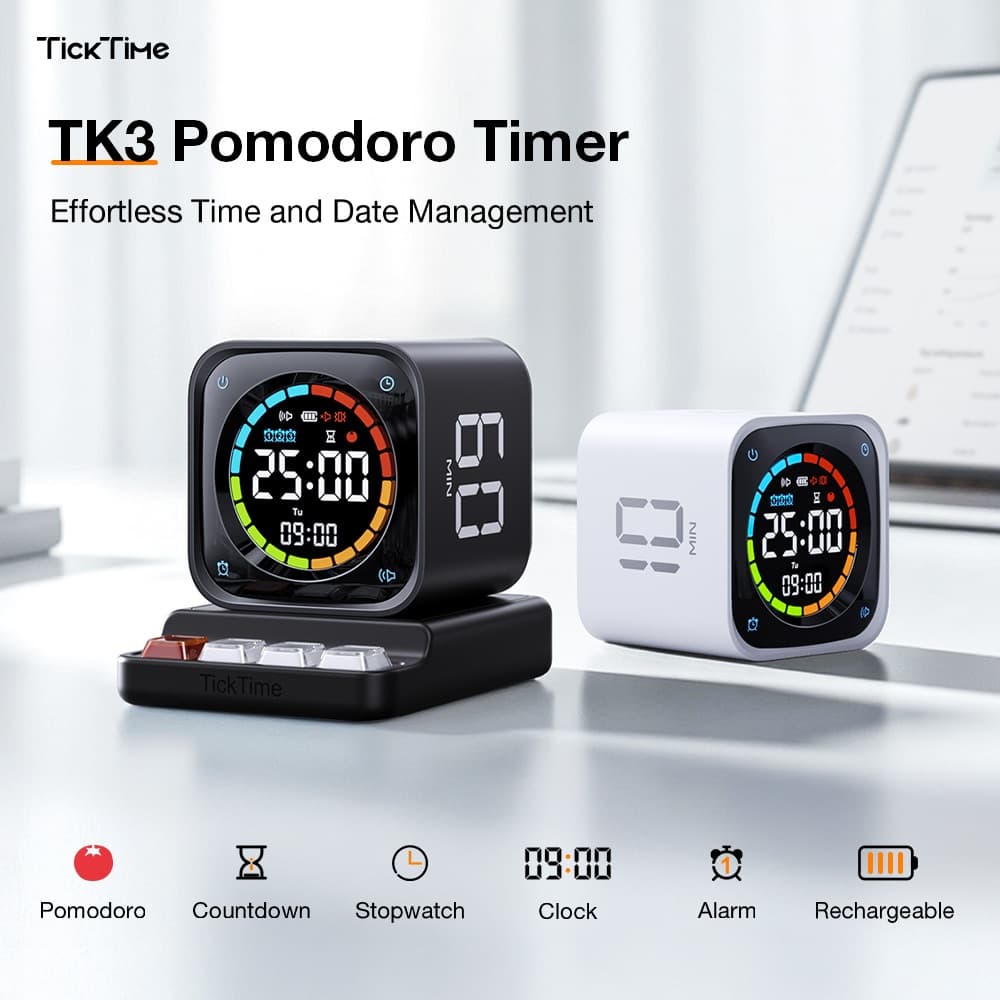 Đồng hồ bấm giờ thông minh LLANO TK3 Đồng hồ bấm giờ 4 trong 1 Báo động đếm ngược Pomodoro | Đồng hồ học im lặng có thể sạc lại với màn hình lớn cho bàn làm việc / gia đình