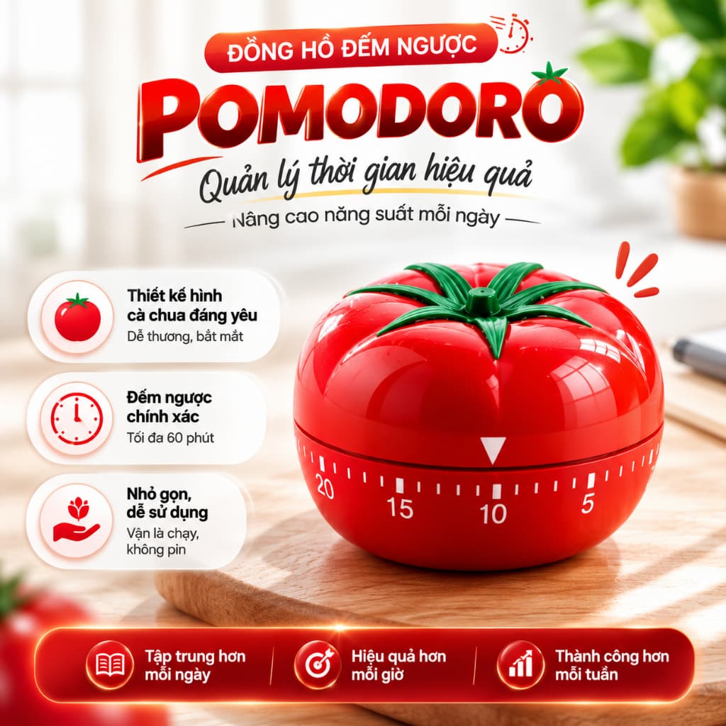 Đồng hồ cà chua pomodoro đếm ngược, quản lý thời gian, hẹn giờ nấu ăn, học bài, tập trung làm việc