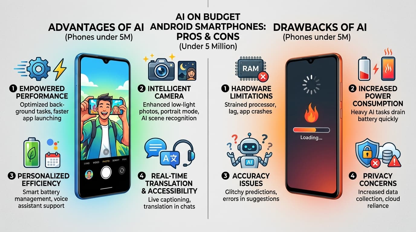 Hình ảnh minh họa ưu điểm và nhược điểm của AI trên điện thoại Android.