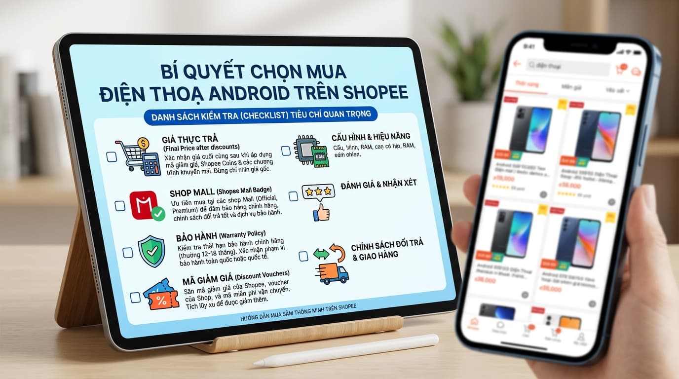 Checklist săn sale điện thoại Android trên Shopee.