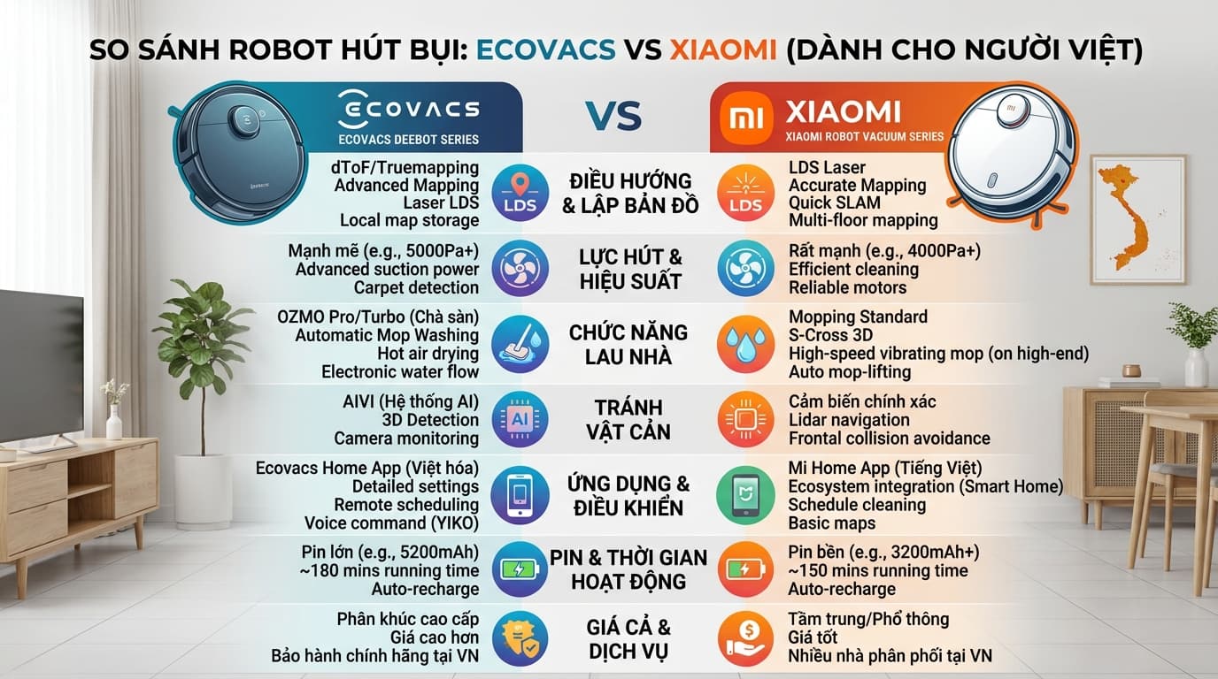 Điểm khác biệt chính giữa Ecovacs và Xiaomi cho người mua Việt.