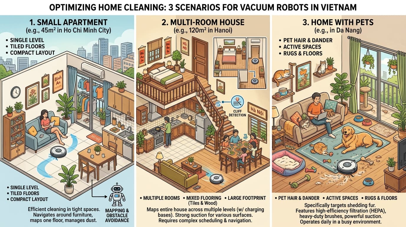 Ba tình huống nhà ở Việt Nam cho robot hút bụi 2026.