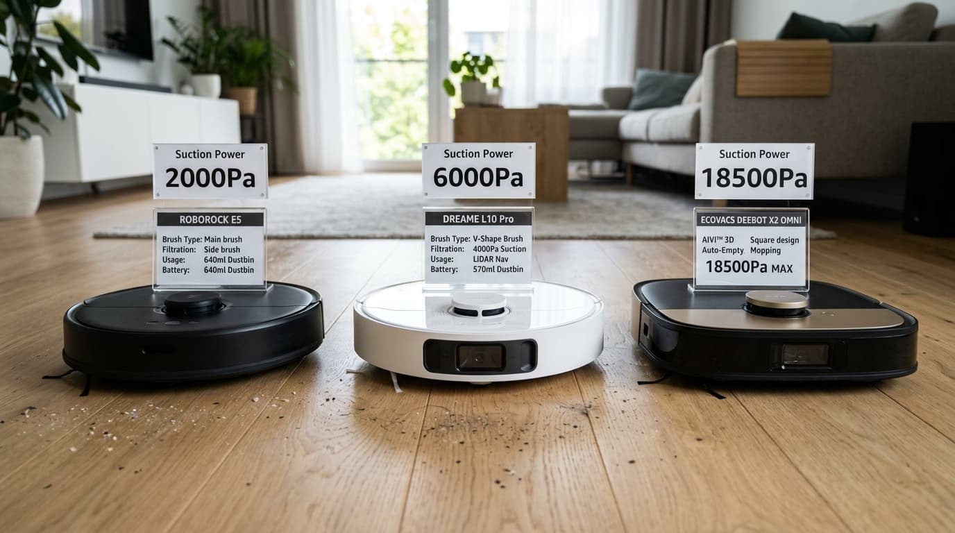Đánh giá lực hút của robot hút bụi 2026 với các mức khác nhau.