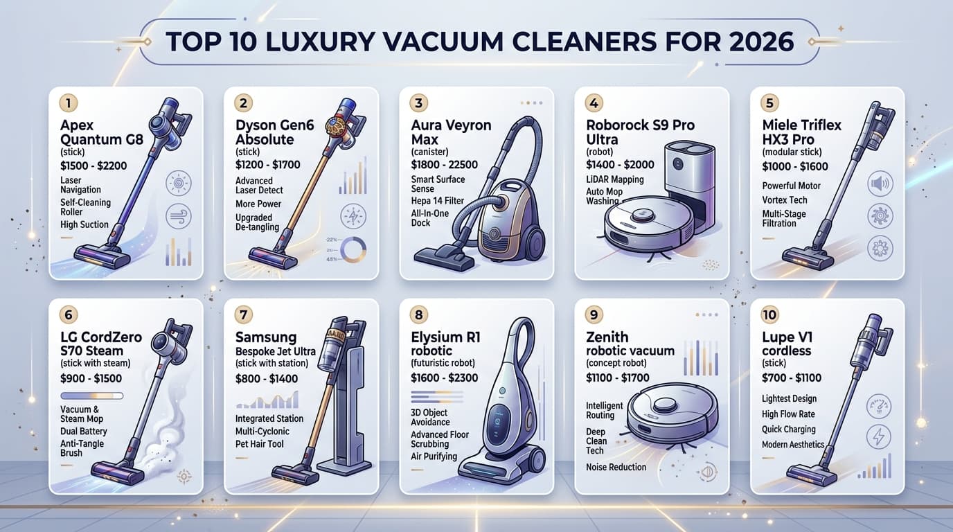 Danh sách 10 máy hút bụi cao cấp với các thông số kỹ thuật nổi bật.