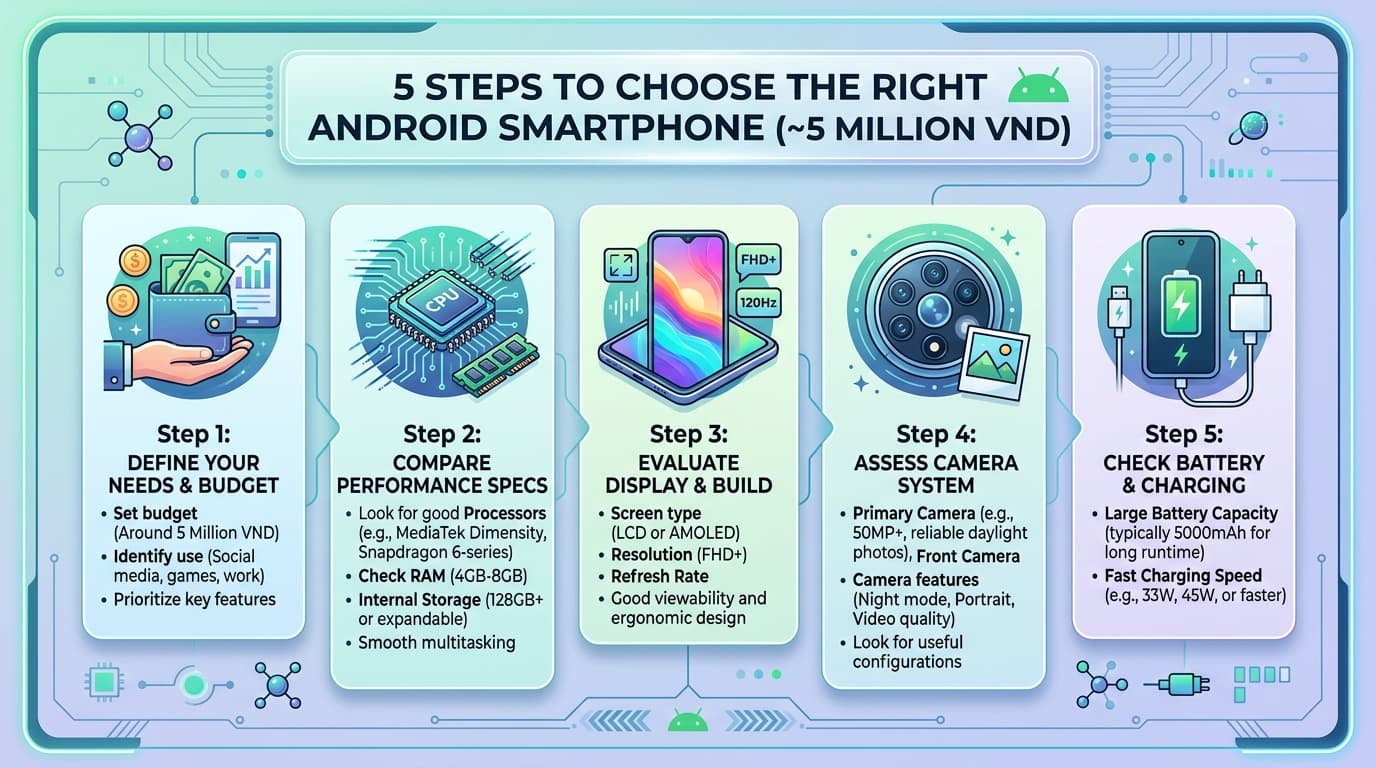 Hình ảnh minh họa 5 bước chọn điện thoại Android tầm 5 triệu.