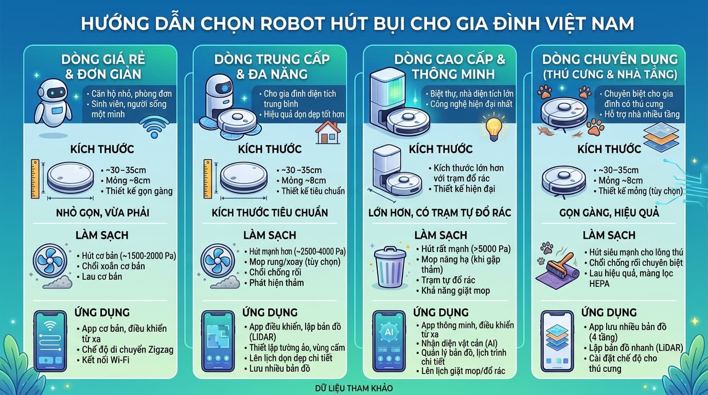 Bảng phân loại robot hút bụi theo nhu cầu sử dụng tại Việt Nam.