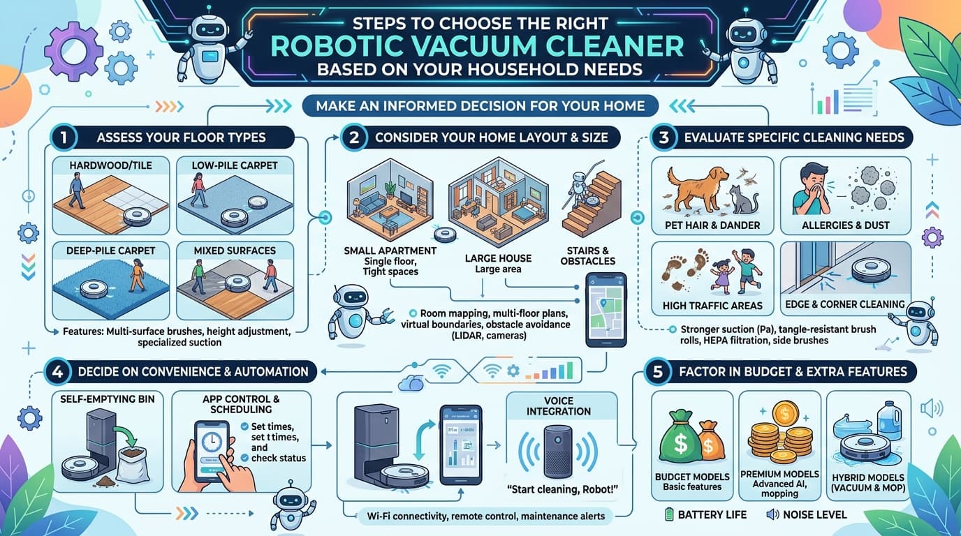 Quy trình hướng dẫn mua robot hút bụi phù hợp với nhu cầu.