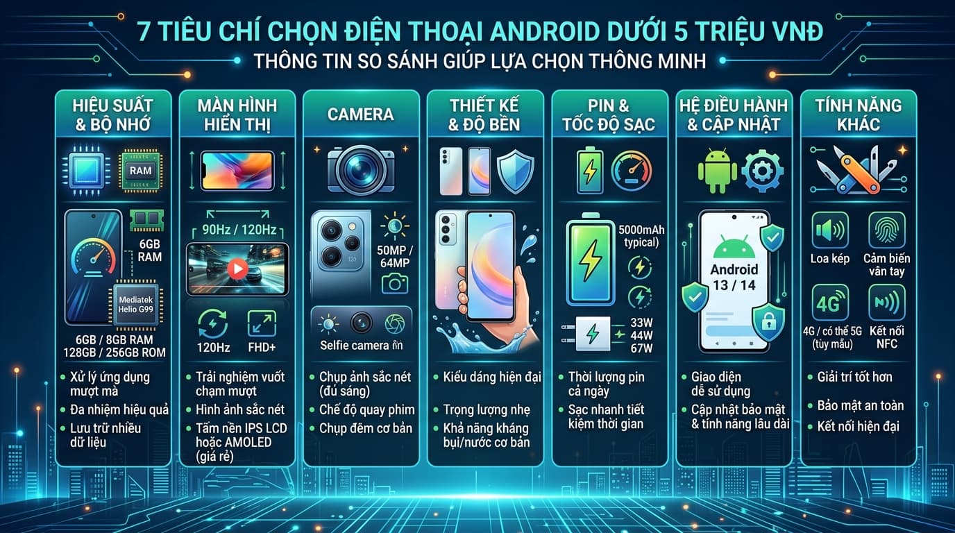 Hình ảnh so sánh các tiêu chí chọn điện thoại Android tầm 5 triệu.