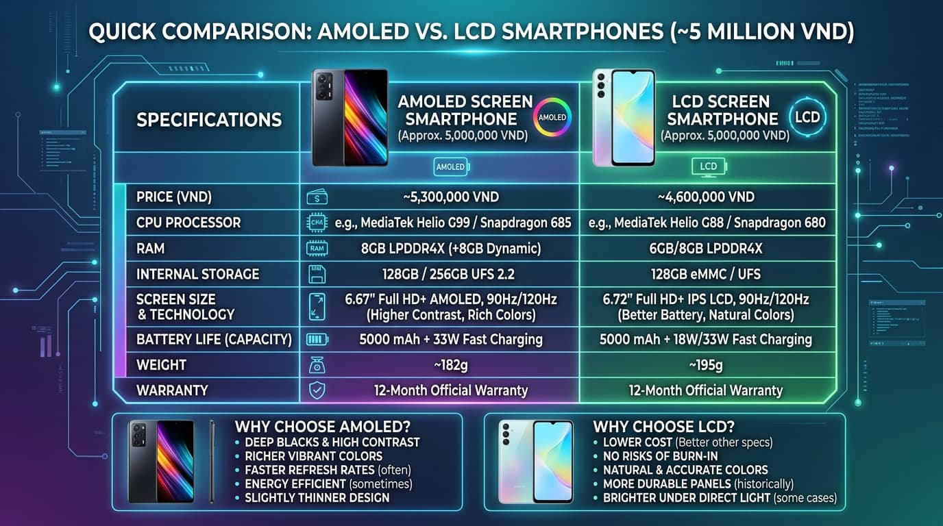 Bảng so sánh nhanh giữa AMOLED và LCD cho điện thoại tầm 5 triệu.