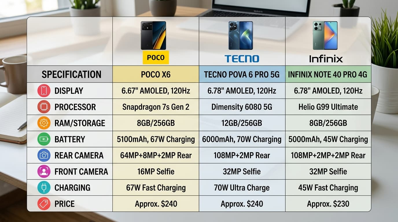 Bảng so sánh thông số kỹ thuật giữa POCO X6, Tecno Pova và Infinix Note.