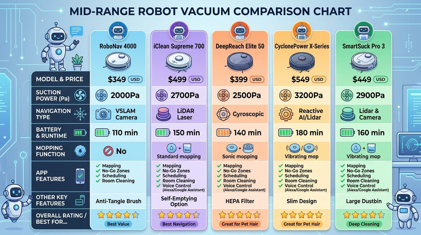 Bảng so sánh các model robot hút bụi tầm trung