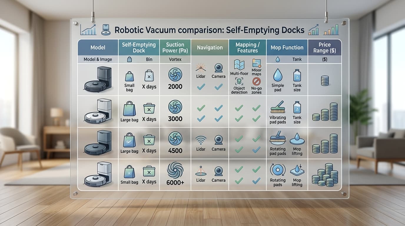 Bảng so sánh các mẫu robot hút bụi có dock tự động 2026.