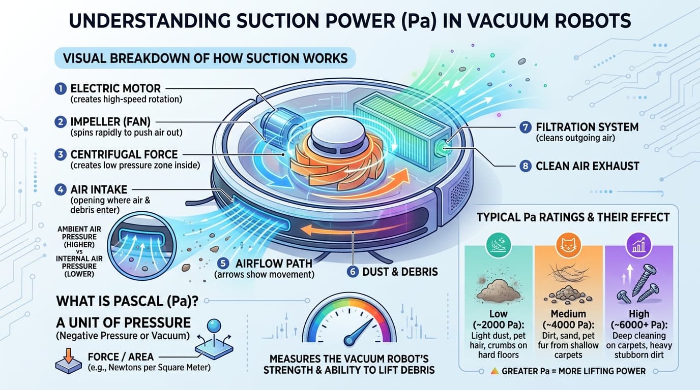Giải thích về đơn vị đo lực hút Pa trong robot hút bụi.