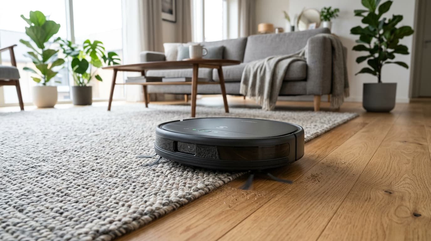Robot hút bụi hoạt động trên sàn gỗ và thảm