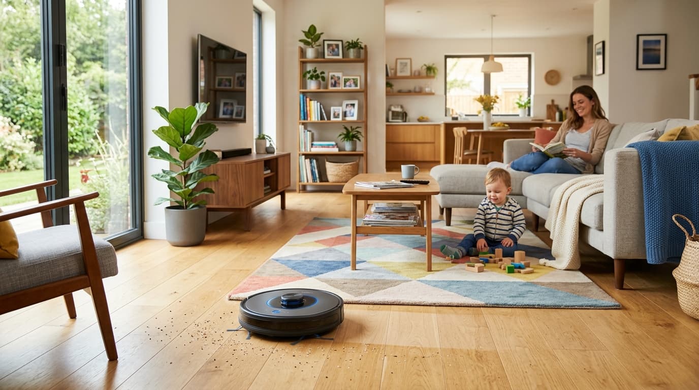 Robot hút bụi đang hoạt động trong không gian sống gia đình.