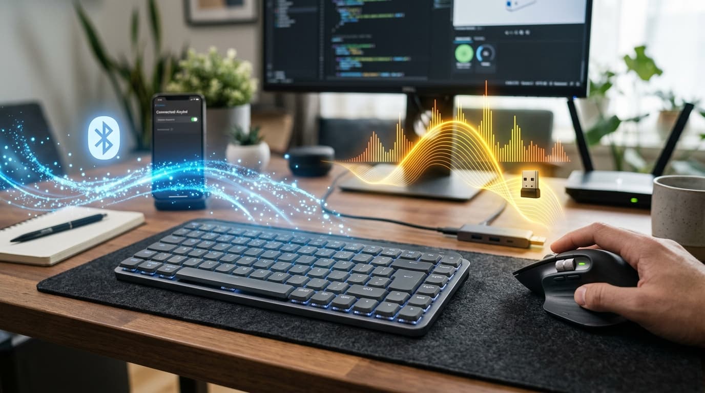 Hình ảnh minh họa công nghệ kết nối không dây Bluetooth và 2.4GHz.