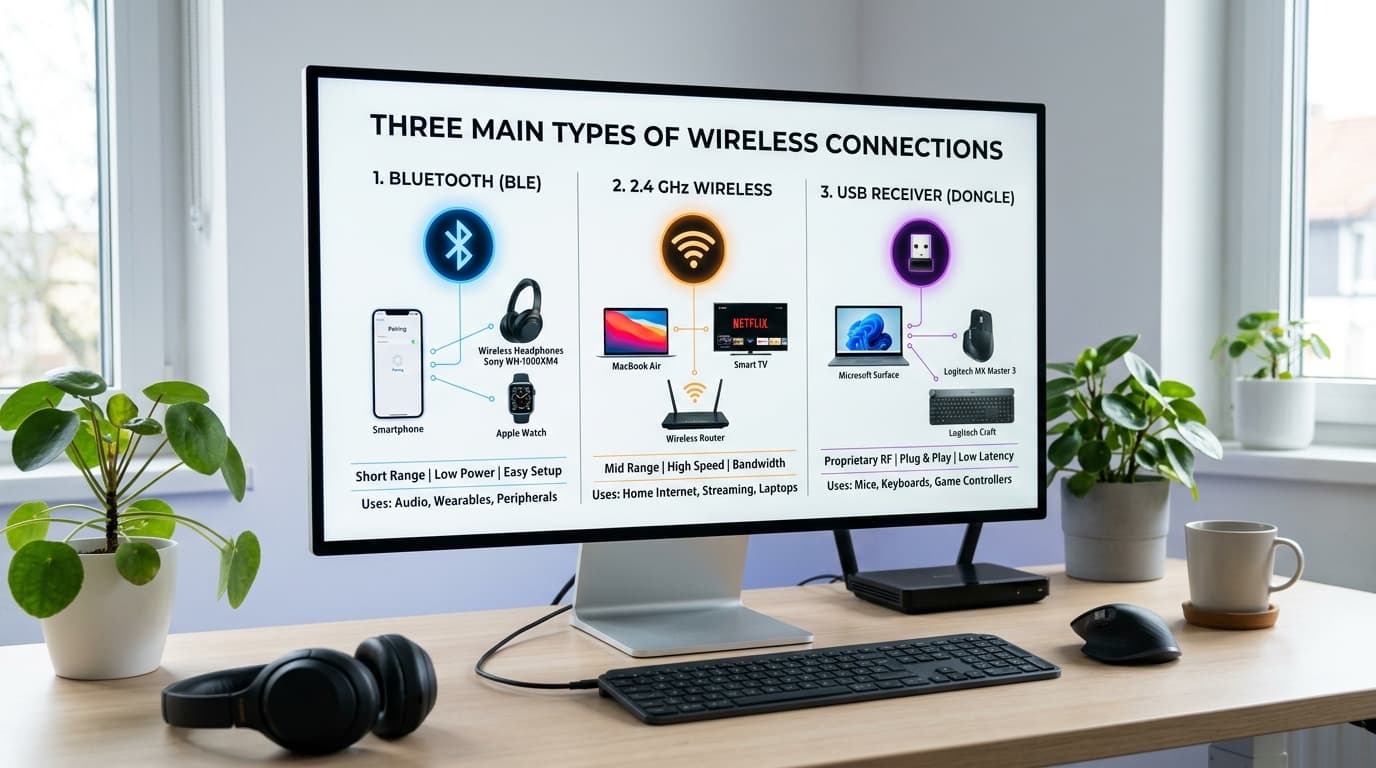 Ba kiểu kết nối không dây phổ biến: Bluetooth, 2.4GHz và USB receiver.