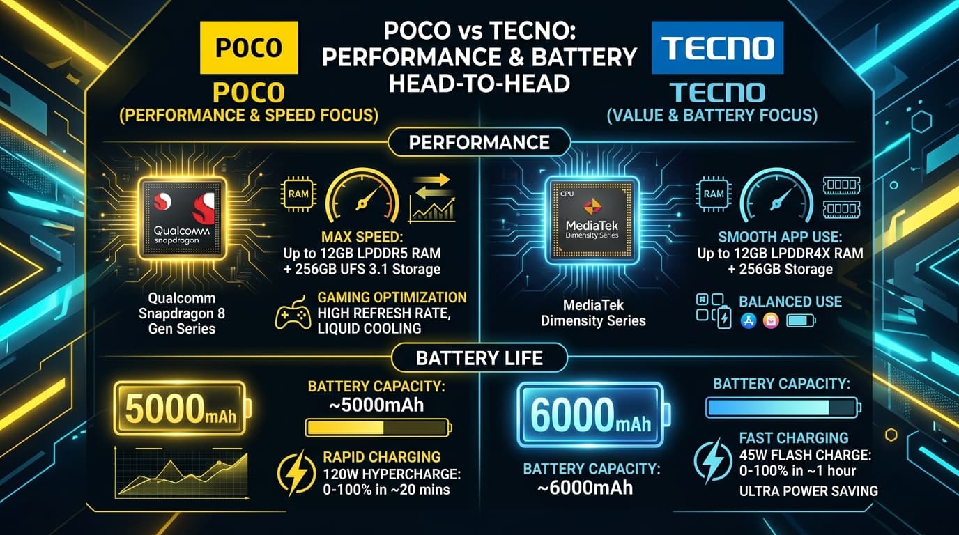 Khác biệt chính giữa POCO và Tecno về hiệu suất và pin.