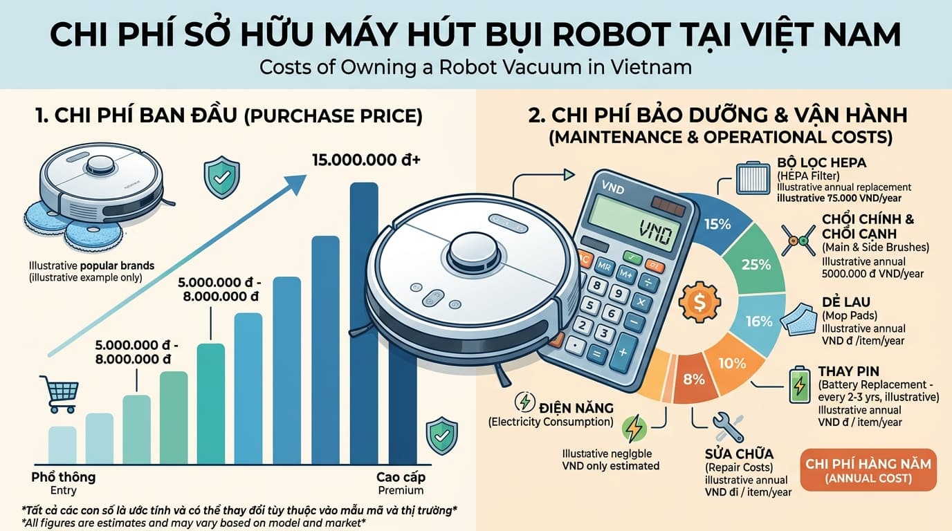 Tổng quan chi phí robot hút bụi 2026 theo cách sử dụng tại Việt Nam.