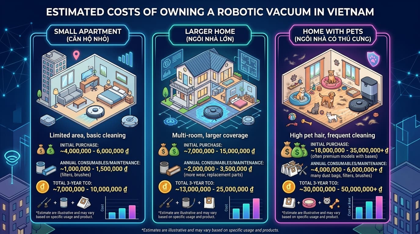Ước tính chi phí sở hữu robot hút bụi theo các kịch bản sử dụng.