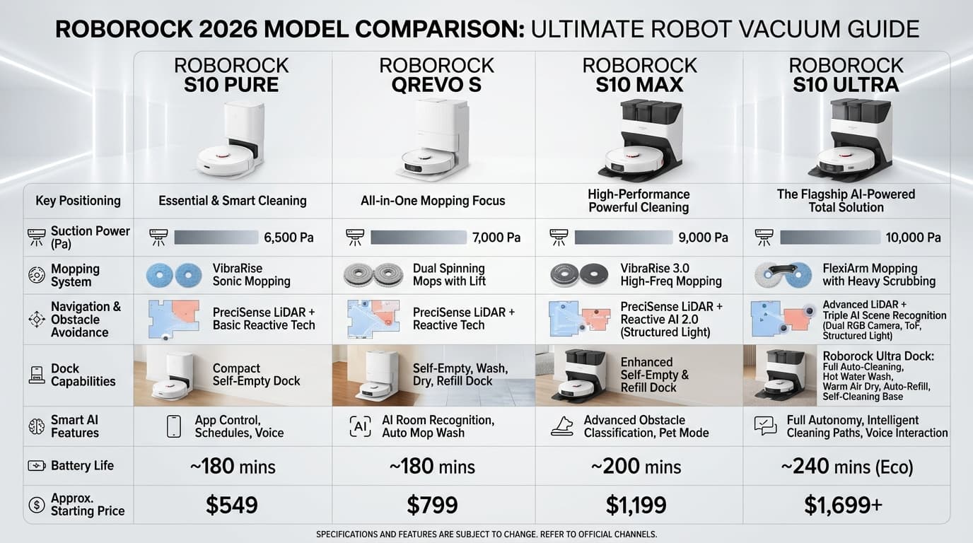 So sánh các model robot hút bụi Roborock 2026.