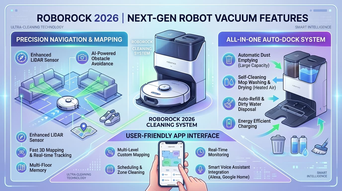 Các tính năng nổi bật của robot hút bụi Roborock 2026.