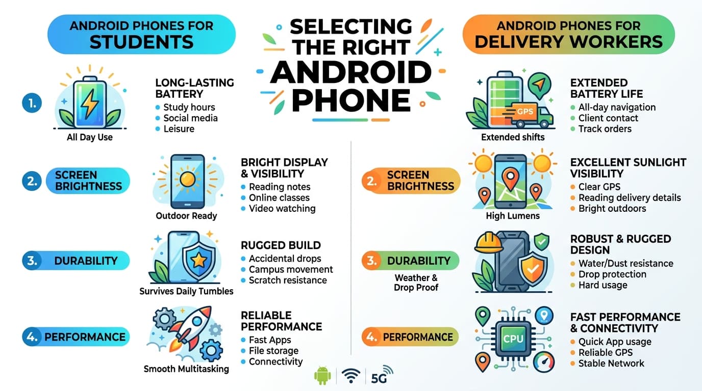 Tiêu chí chọn điện thoại Android cho sinh viên và shipper 2026.