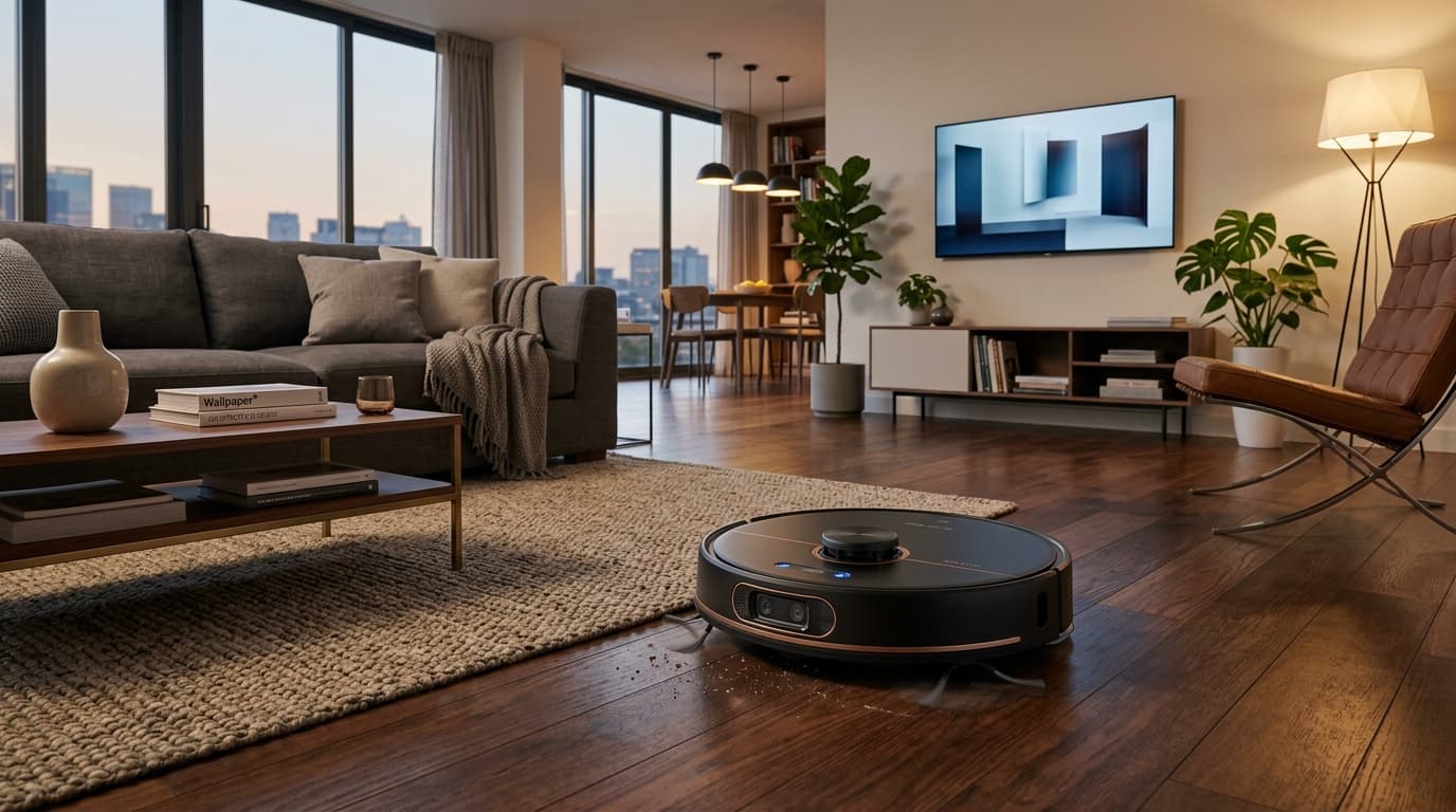 Robot hút bụi luxury trong không gian sống hiện đại.