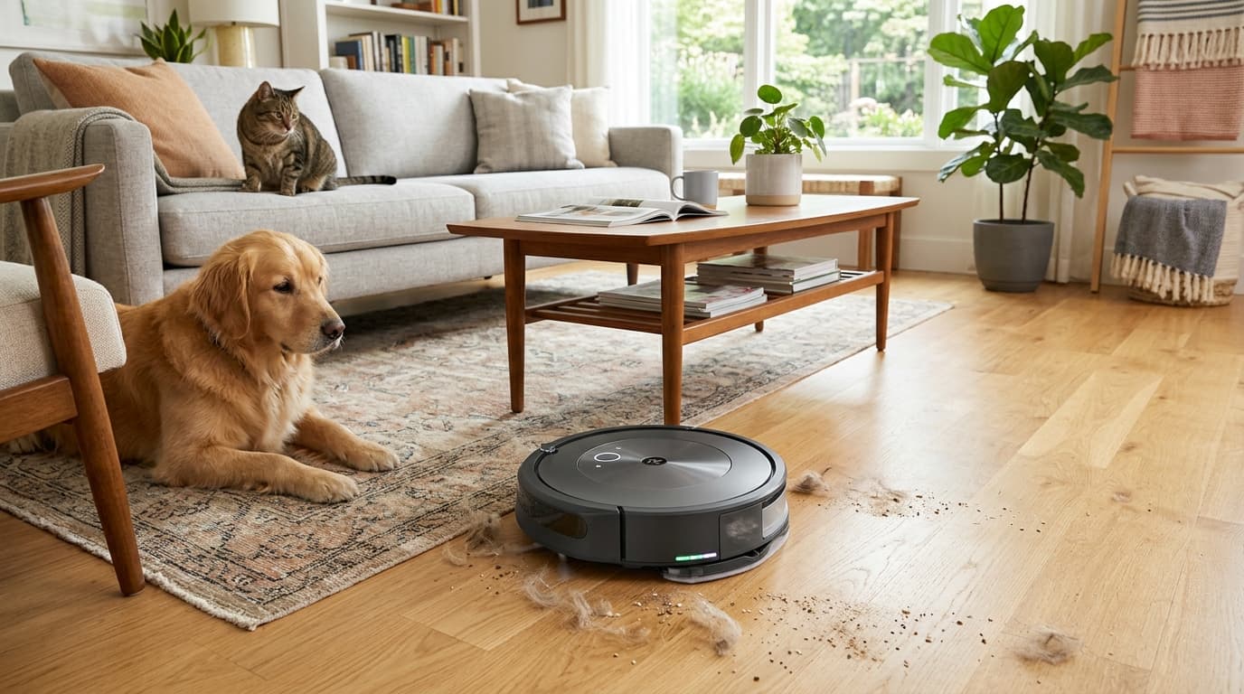 Robot hút bụi cho nhà có thú cưng 2026 trong hành động.