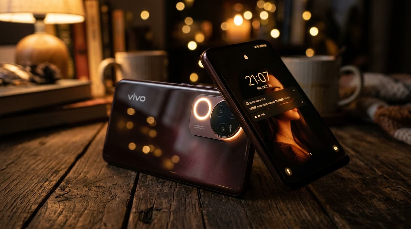 Hình ảnh tổng quan về vivo V30e với camera Aura Light trong môi trường tối.