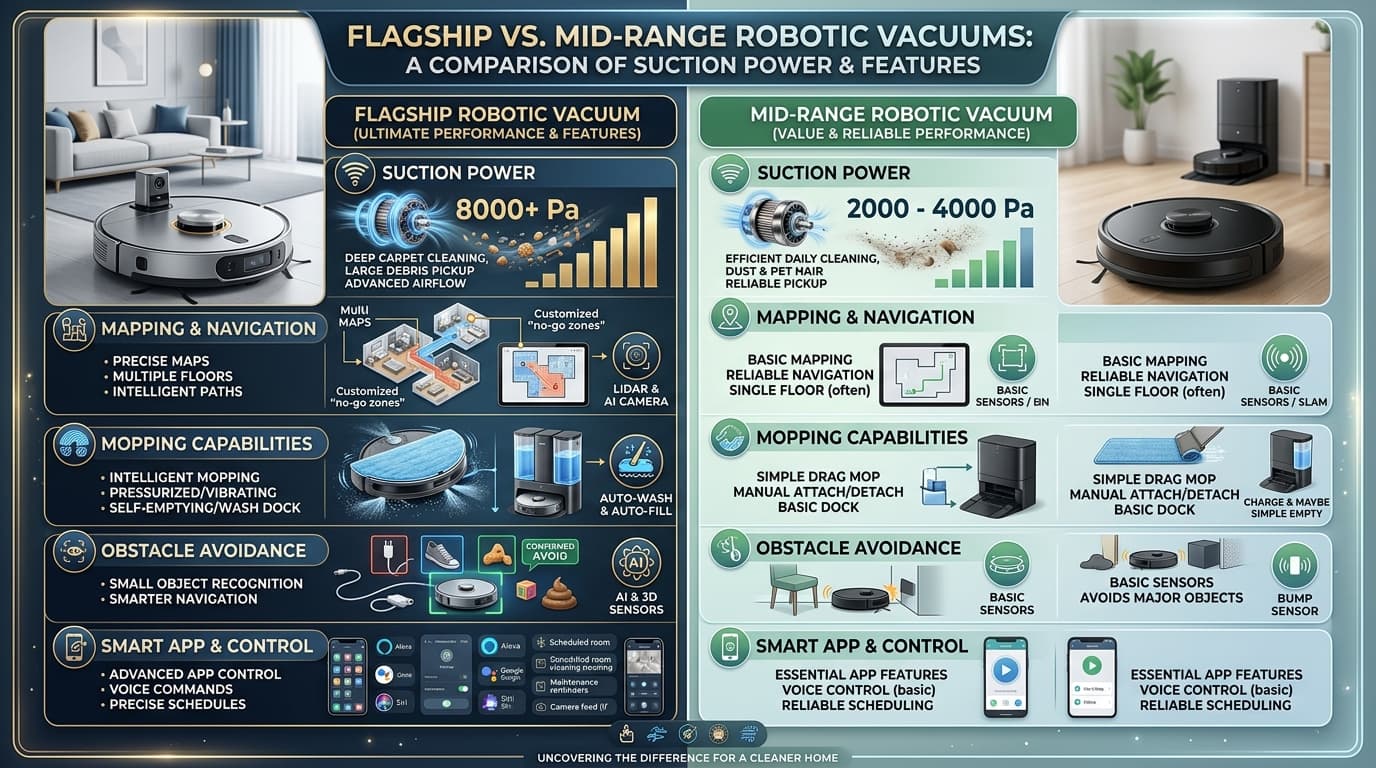 Khác biệt giữa robot hút bụi flagship và tầm trung về lực hút và tính năng.