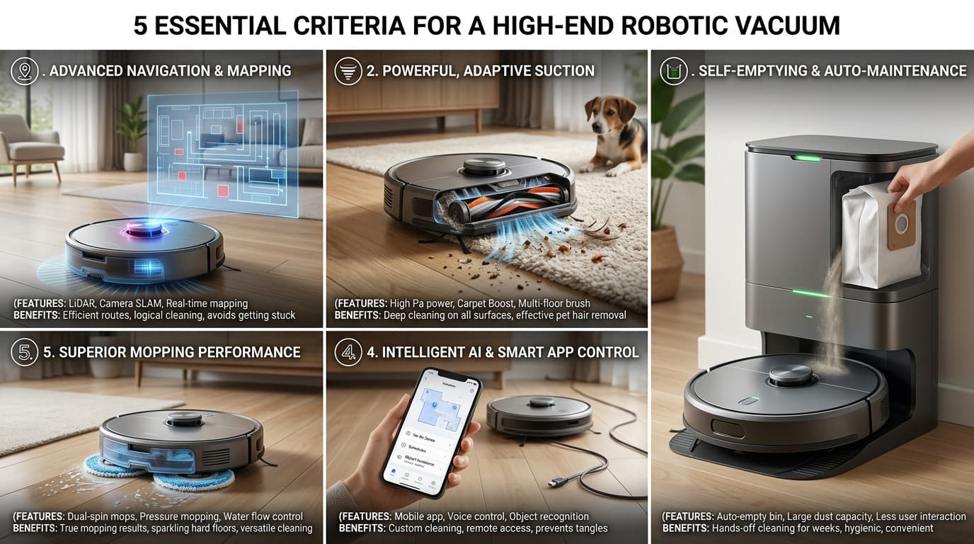Các tiêu chí quan trọng khi chọn robot hút bụi cao cấp 2026.