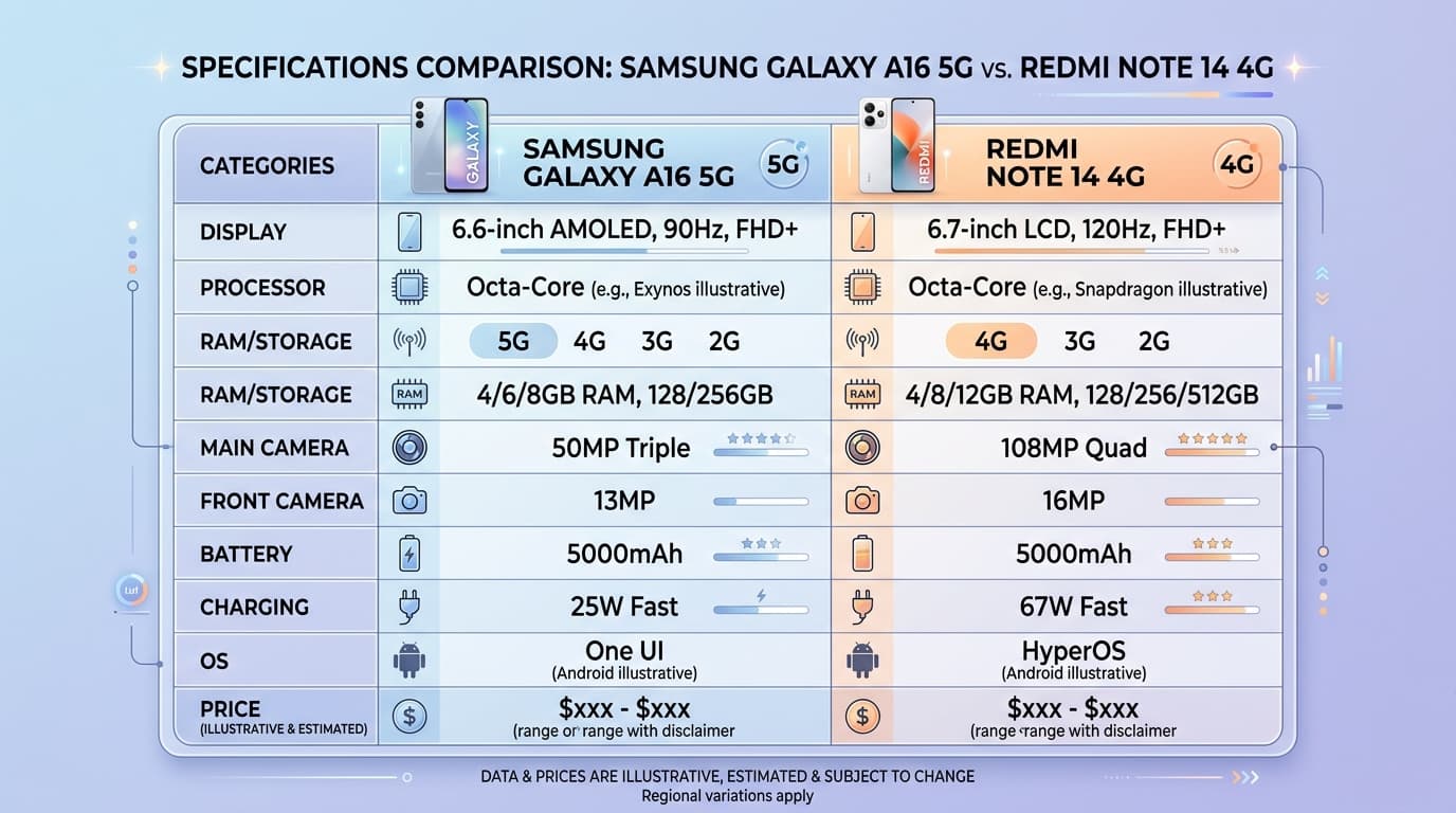 Bảng so sánh thông số kỹ thuật giữa Samsung Galaxy A16 5G và Redmi Note 14 4G.