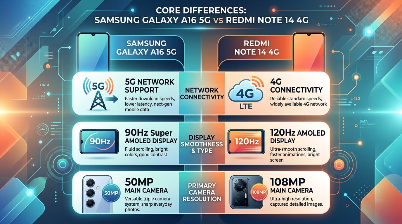 Hình ảnh minh họa về ba khác biệt cốt lõi giữa Samsung Galaxy A16 5G và Redmi Note 14 4G.