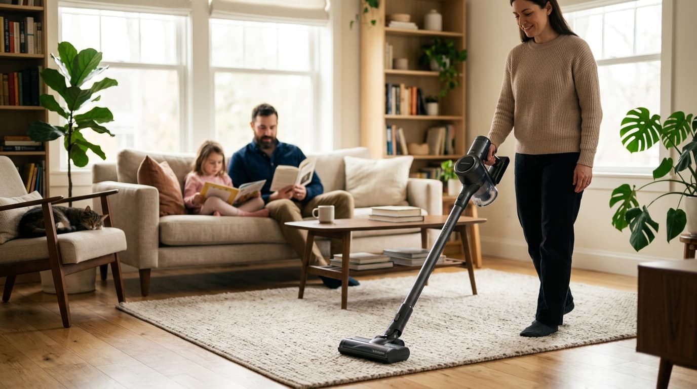 Máy hút bụi hoạt động êm ái trong không gian sống.
