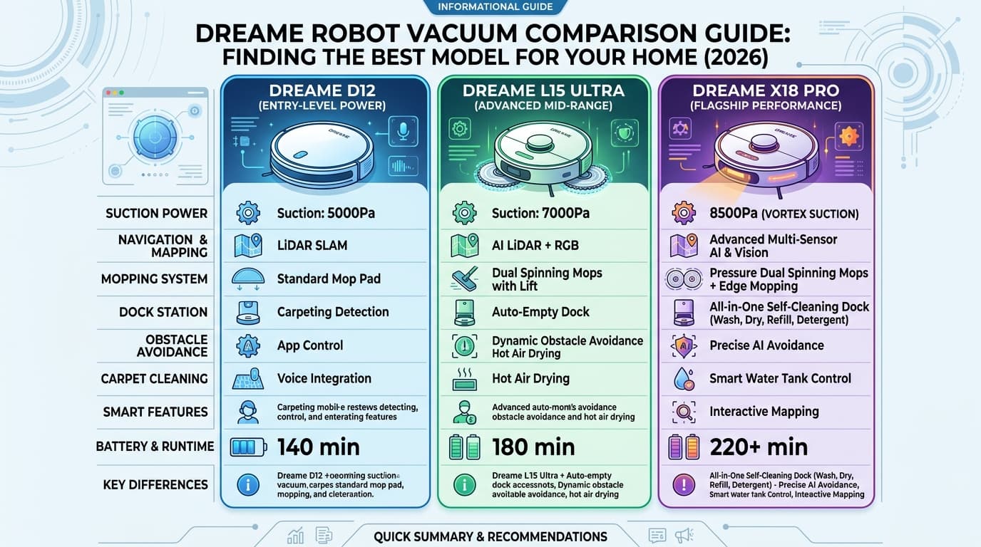 Bảng so sánh các model robot hút bụi Dreame 2026.