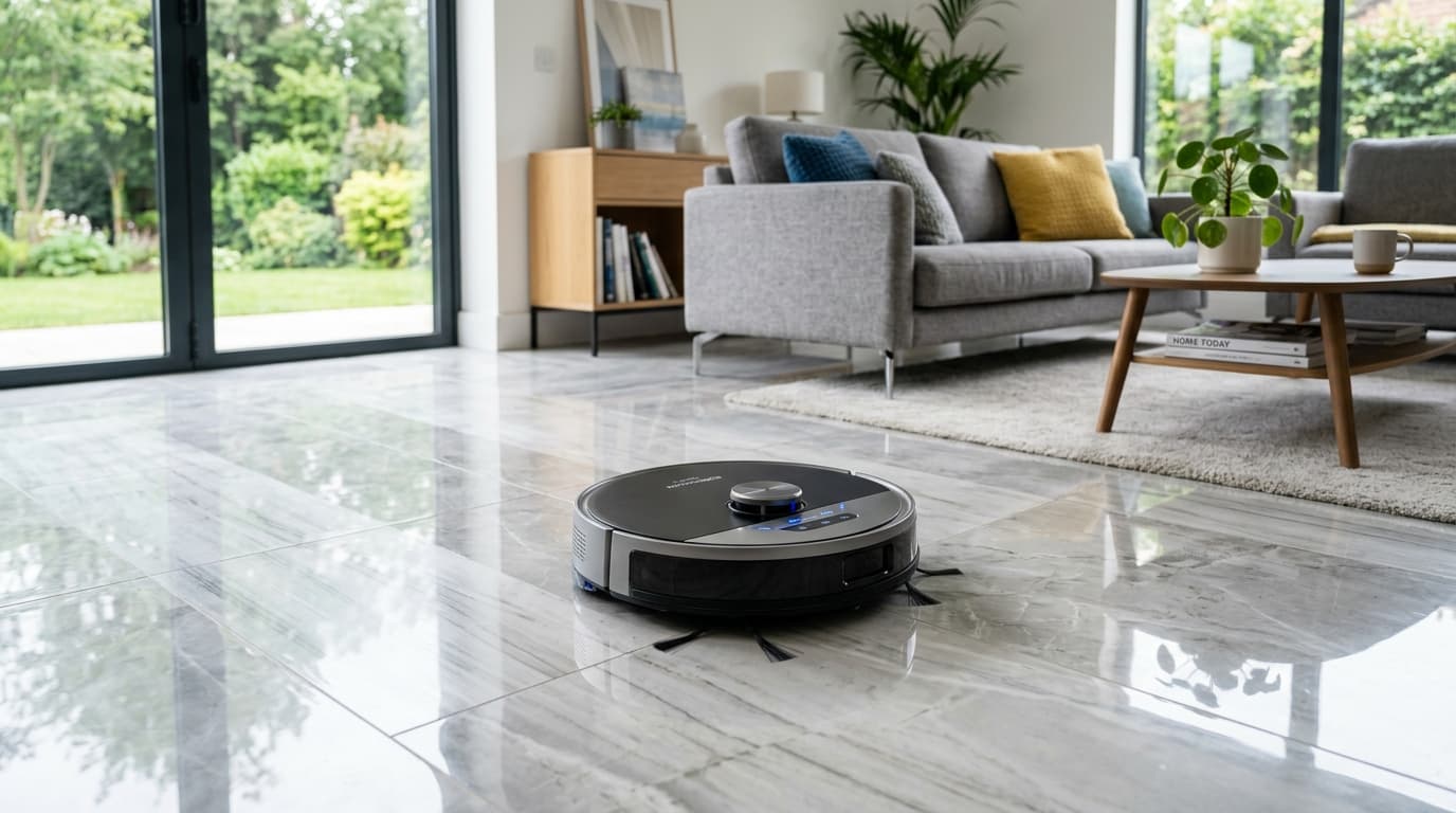 Robot hút bụi 2026 đang hoạt động trong một không gian sống hiện đại.