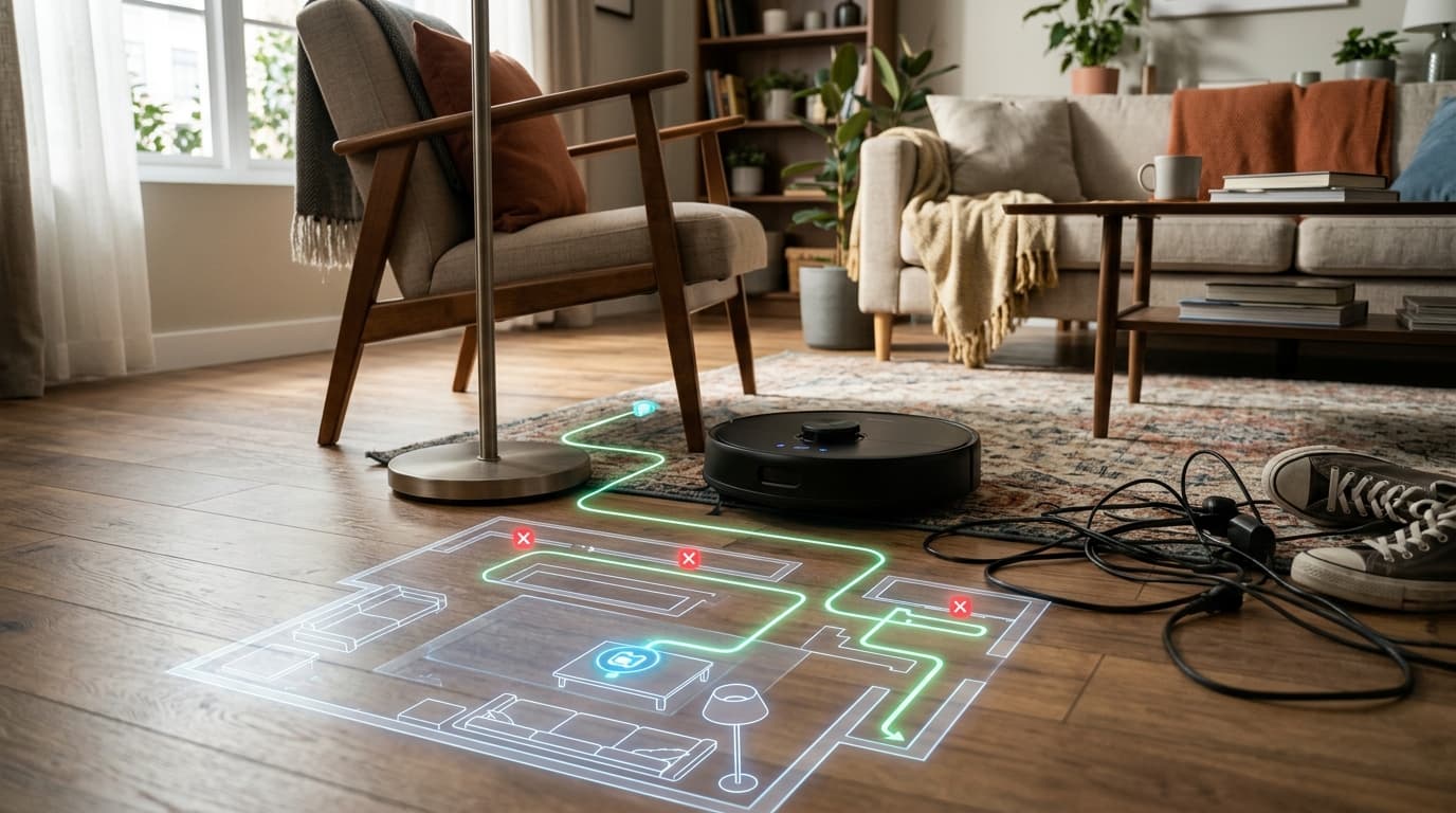 Robot hút bụi với công nghệ điều hướng thông minh trong không gian sống.