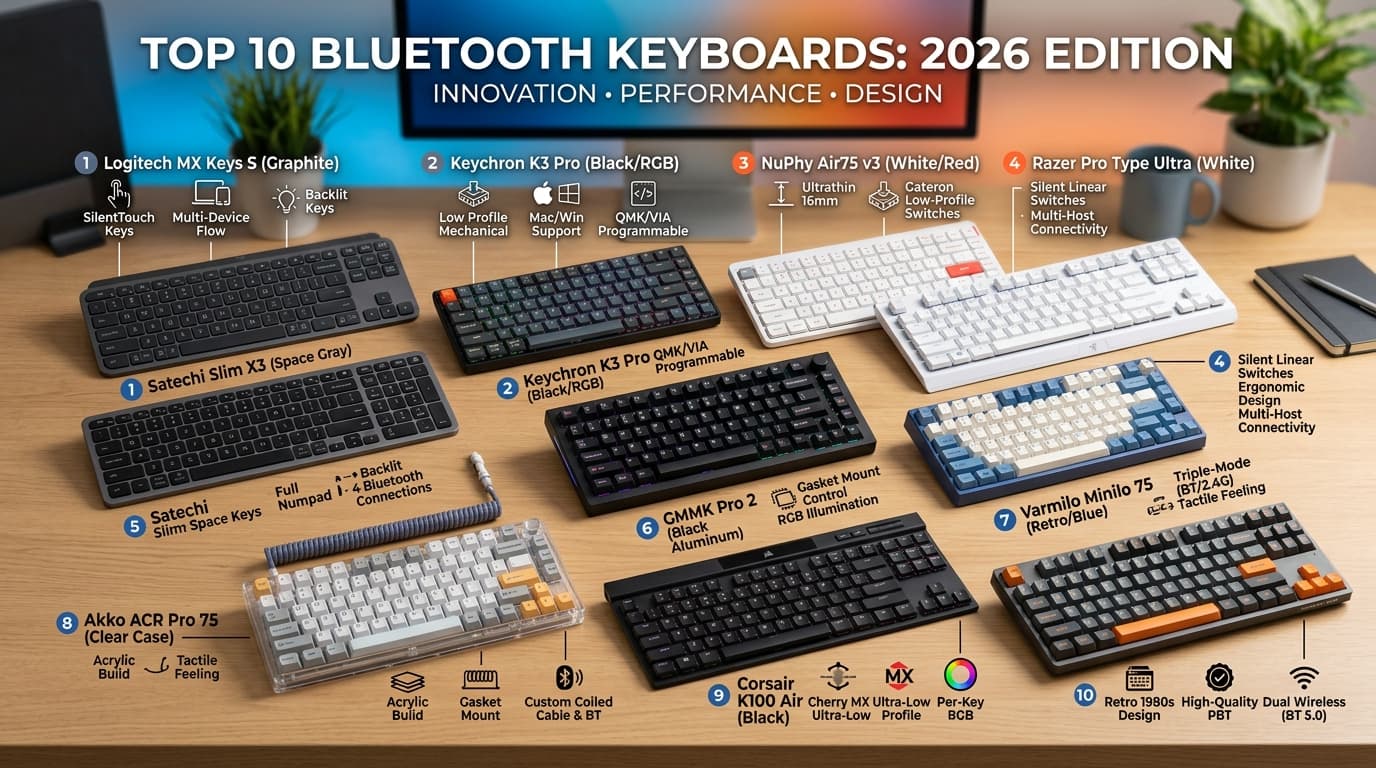 Top 10 bàn phím Bluetooth đáng mua nhất 2026 với nhiều mẫu mã khác nhau.