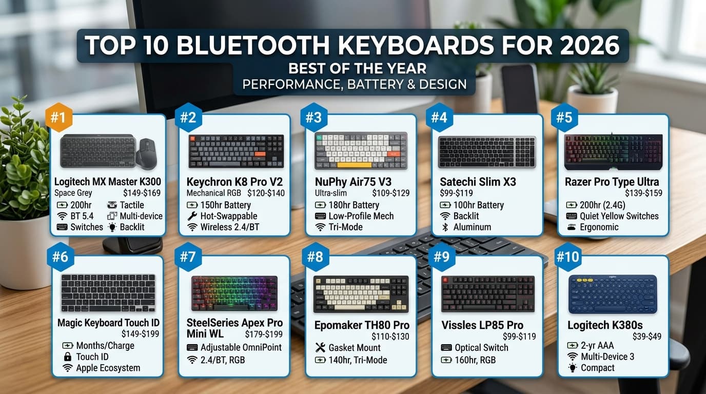 Danh sách 10 bàn phím Bluetooth đáng mua nhất 2026 với các tính năng nổi bật.